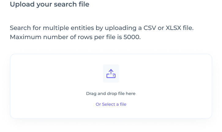 ML Watcher Batch Search: Option to upload a CSV or similar file for multi-entity search. Max 5000 rows per file. Drag and drop or select.