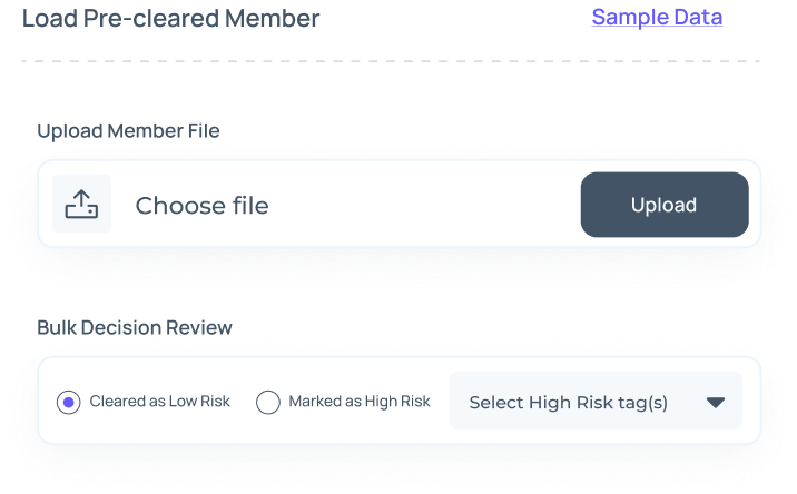 AML Watcher Custom Whitelisting/Blacklisting: Options to upload sample data, select high-risk tags, and bulk decision review for risk levels.