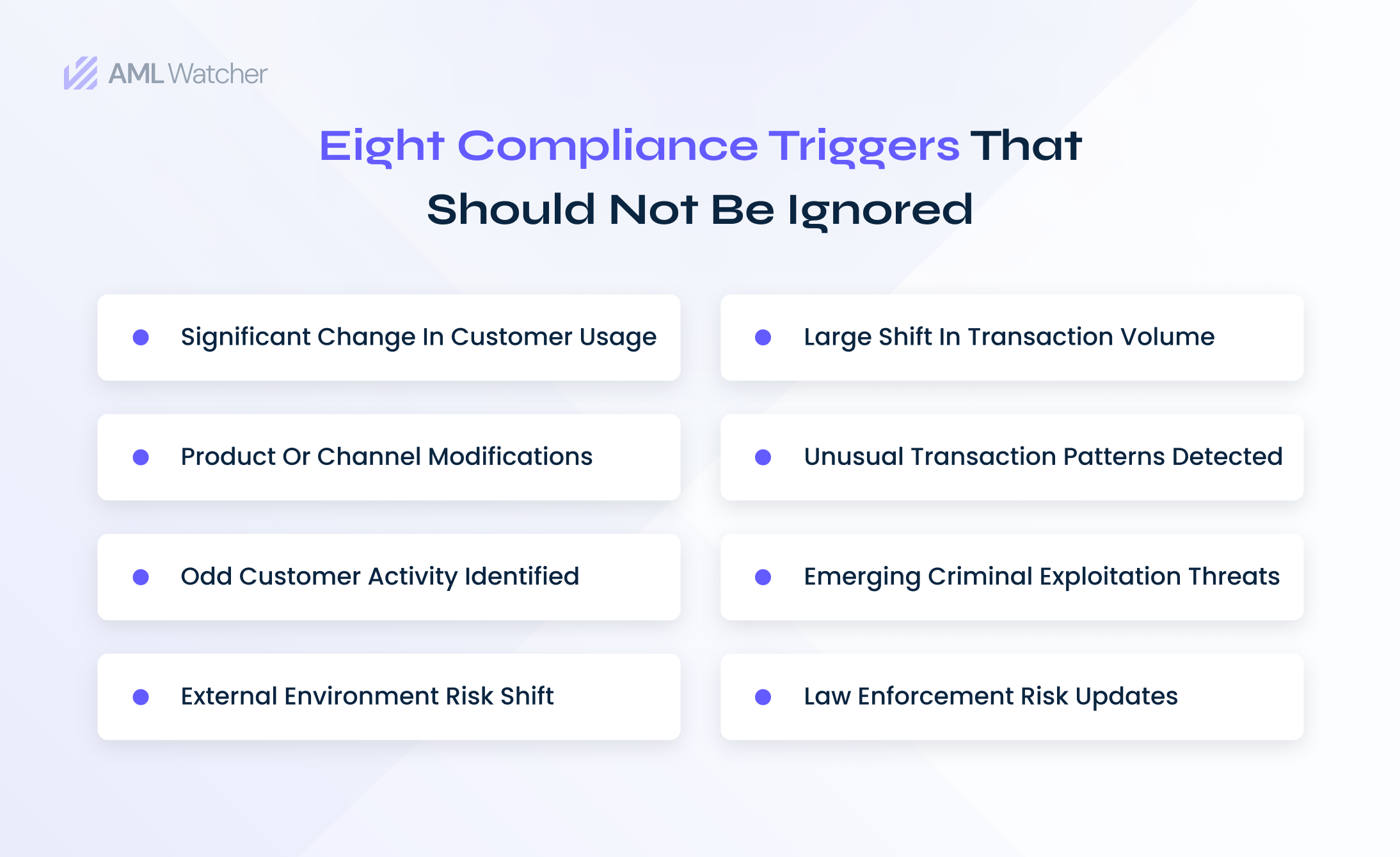 the featured image shows eight significant triggers that should enable businesses to reevaluate their AML/CFT risk assessment and consequently control measures.