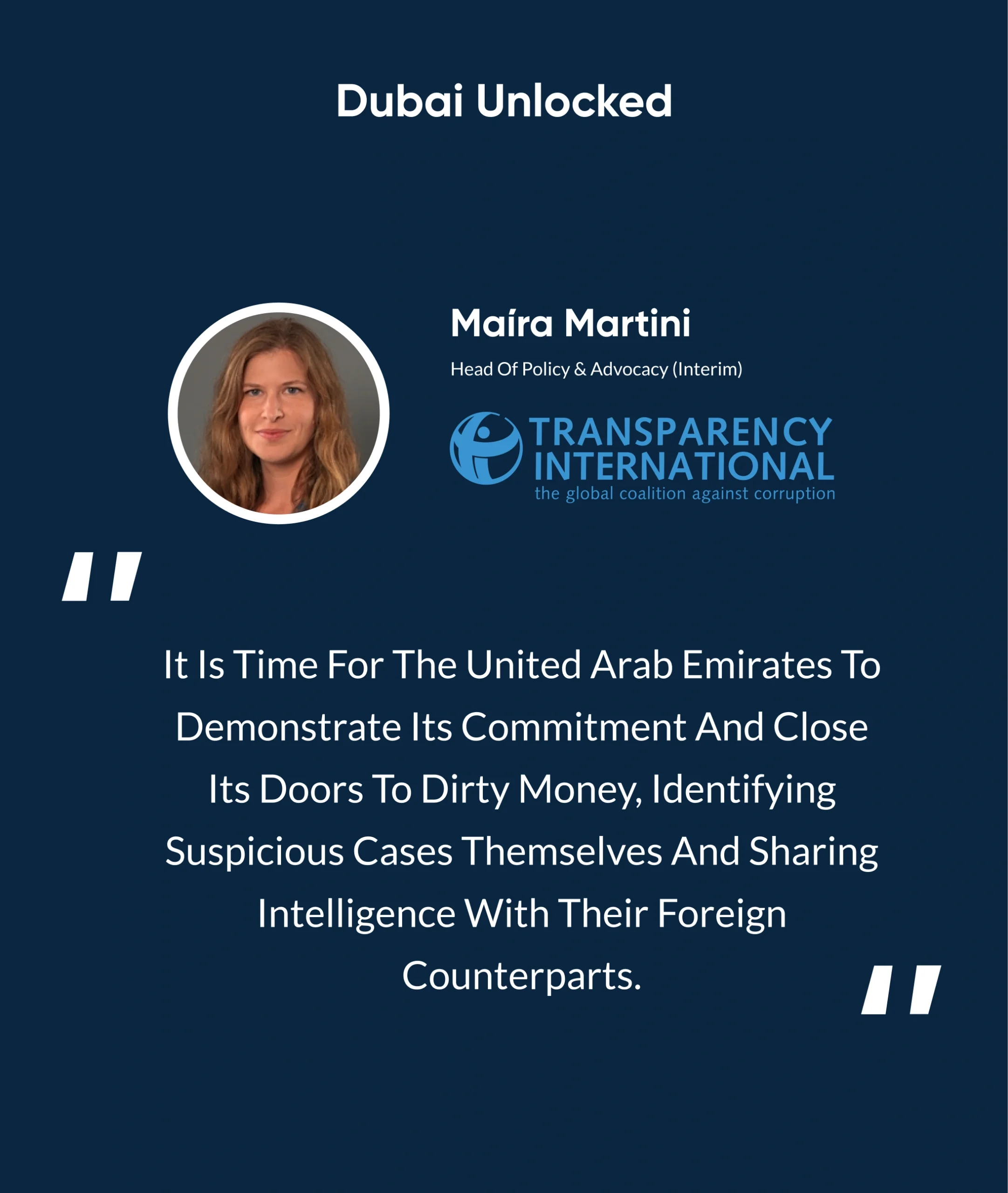 This image shows what Maíra Martini from Transparency International says about Dubai real estate money laundering. 