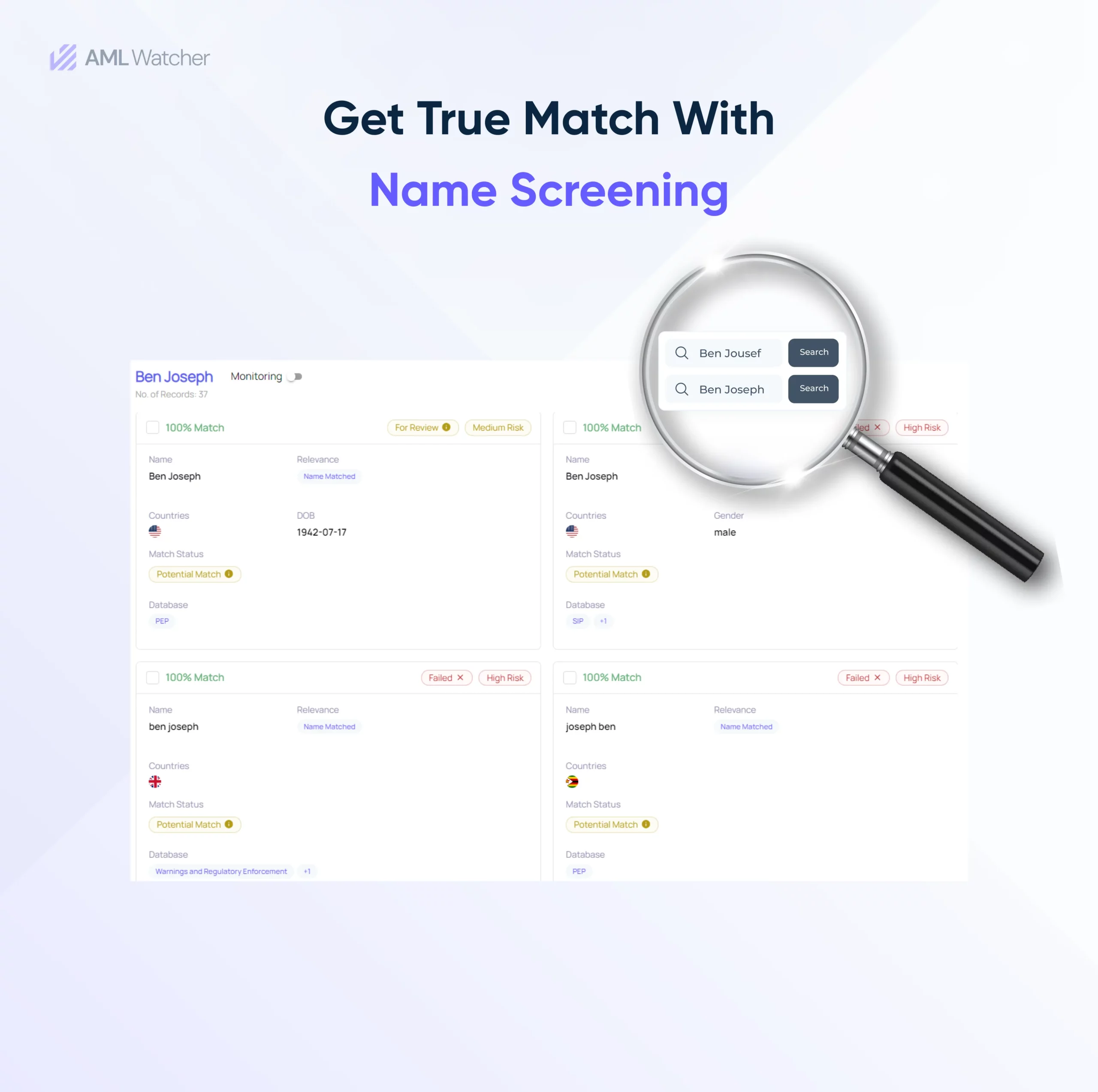 This image shows how AML Watcher reduces typo errors in same-name screening. 