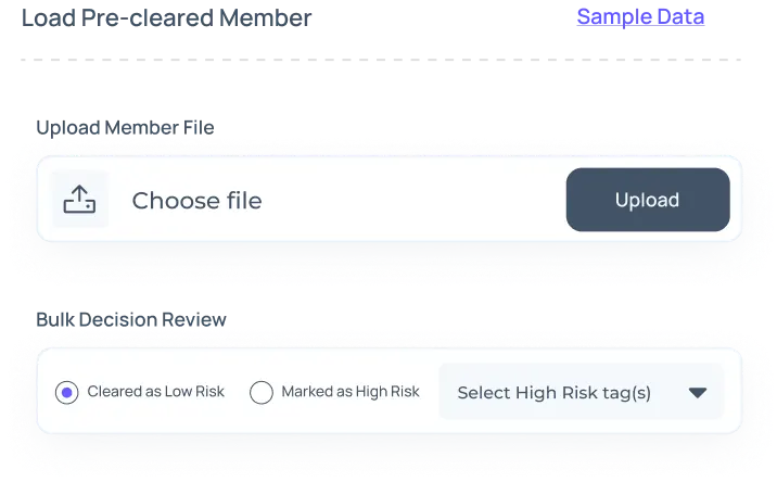 AML Watcher Custom Whitelisting/Blacklisting: Options to upload sample data, select high-risk tags, and bulk decision review for risk levels.