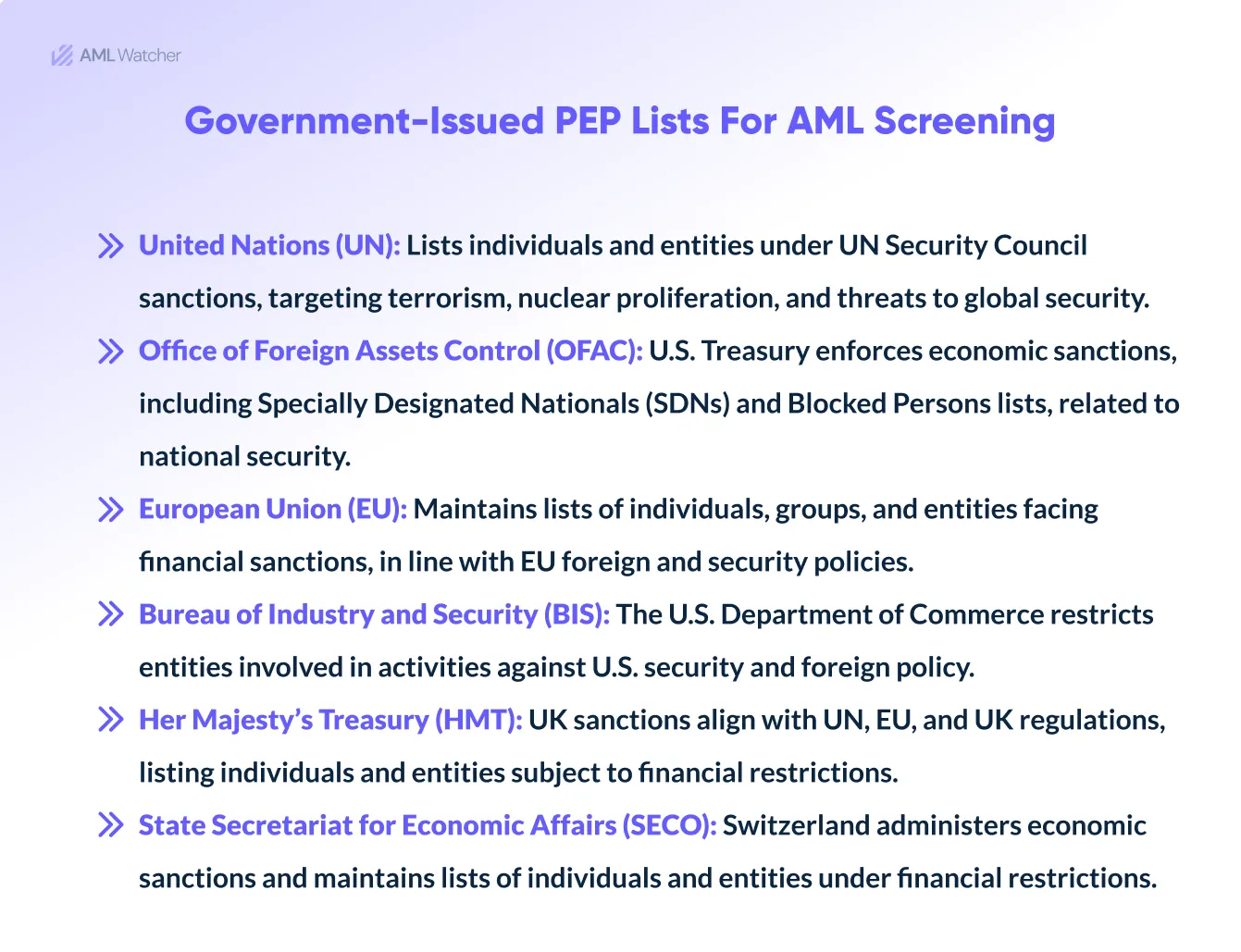 This image shows the major Government-Issued PEP Lists for AML Screening